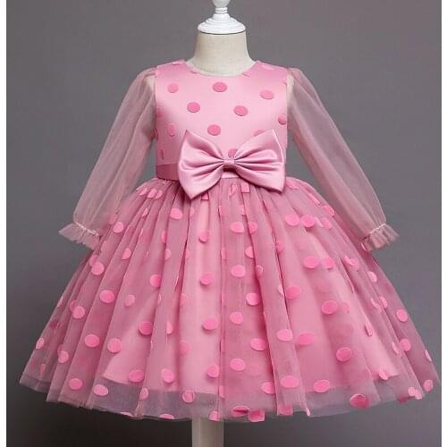 Kids Wedding Dresses Girls Long Sleeve Tulle Polka Dot Princess Party Tutu Prom Gown Kids Children Bridesmaid Evening Clothes