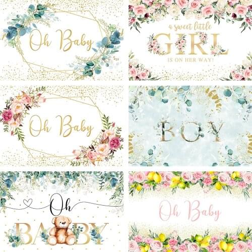 Girl Boy Baby Shower Backdrops Eucalyptus Leaves Pink Flowers Gold Dots Newborn Photography Background Photo Studio Props Decor