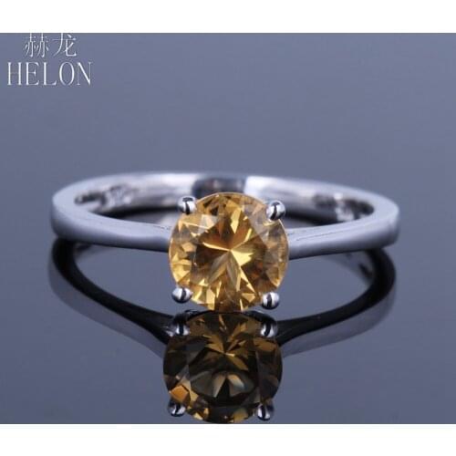 HELON Round 6.5mm 100% Genuine Natural Citrine Ring Sterling Silver 925 Polish Fine Jewelry Ring Engagement Women Gemstones Ring