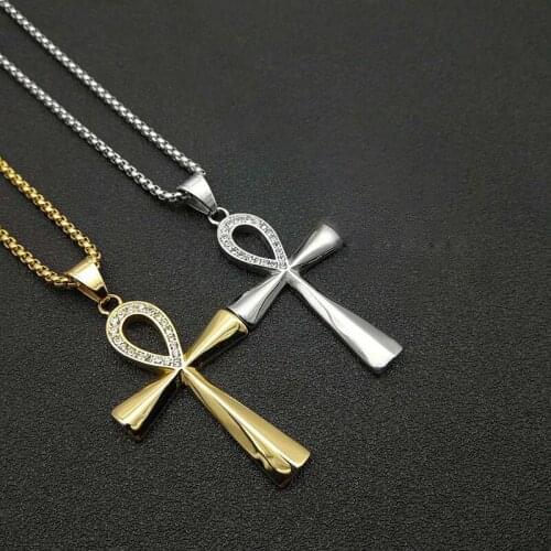 Hip Hop Egyptian Ankh Cross Key Pendant Necklace Iced Out Chain Gold/Silver Color Stainless Steel Necklace For Mens&Women Jewelr