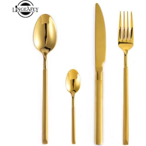 2019 Bright Gold Steel Kitchen Cutlery Set Dinnerware Dinner Fork Spoon Knife Set Western Restaurant Stainless Steel Tableware