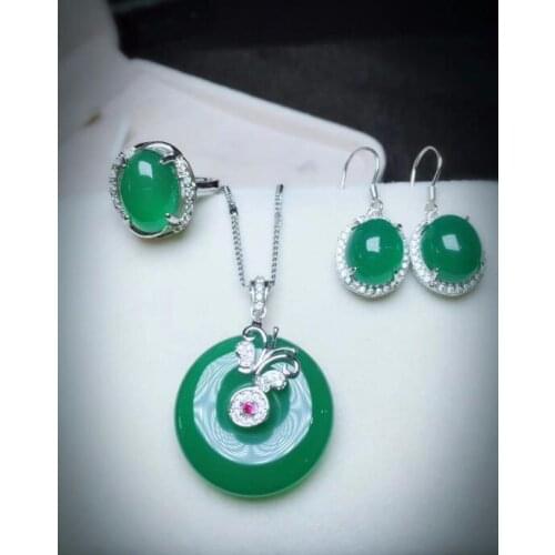 Natural Ice Chrysanthemum Chiffon Set Four-color Three-piece Pendant Earrings Ring S925 Silver Mosaic Female Chalcedony Necklace