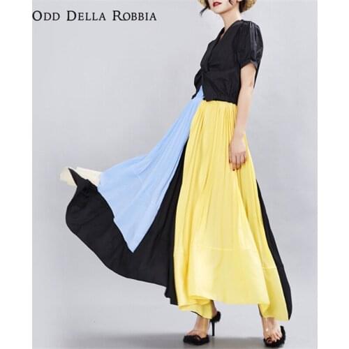 OddDellaRobbia Womens 2021 Summer New Casual Skirt Pleated Long Irregular Color Matching Large Skirt Beach Dress 1116