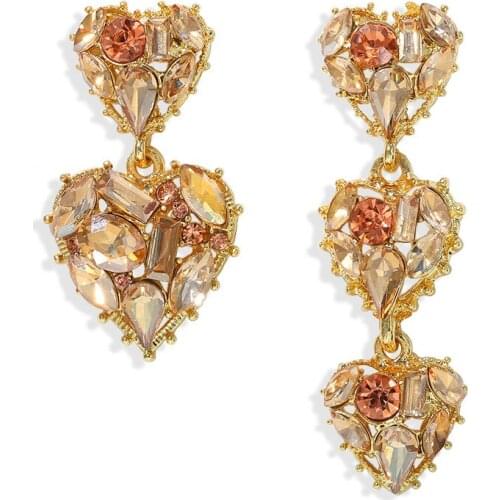 HYSECMAO New Arrive Champagne Crystal Heart Drop Earrings for Women Fashion Exaggerated Wedding Jewelry Asymmetry Dangle Brincos