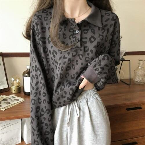 Autumn Women Long Sleeve Turn Down Collar Leopard Print Sweatshirt Button Blouse