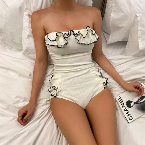 Sexy Bandeau One Piece Swimsuit Women Solid Swimwear Ruffle Monokini Push Up Swim Suit Pads Trikini Pleated Bathing Suit White