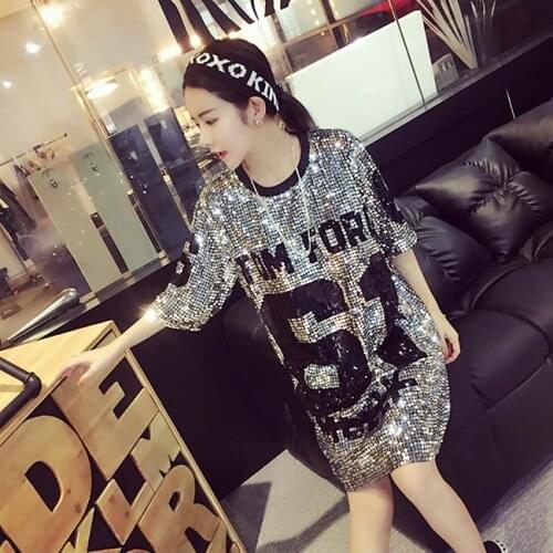 Sequin Club Party Number English Alphabet Short Sleeve O-neck Straight Loose Plus Size 6 Colours Fashion Summer Cocktail Dresses