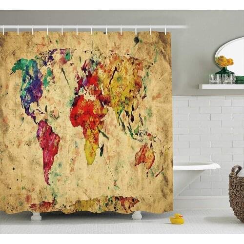 Retro Shower Curtain by Vintage World Map on Grunge Backdrop with Colored Continents Artsy Atlas Chart Image Fabric Bathroom Dec
