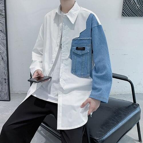 Men Shirt Top Boys' Autumn Fashion Korean Casual Loose High Street Denim Splicing Long Sleeve Camisa Streetwear Chemise Homme