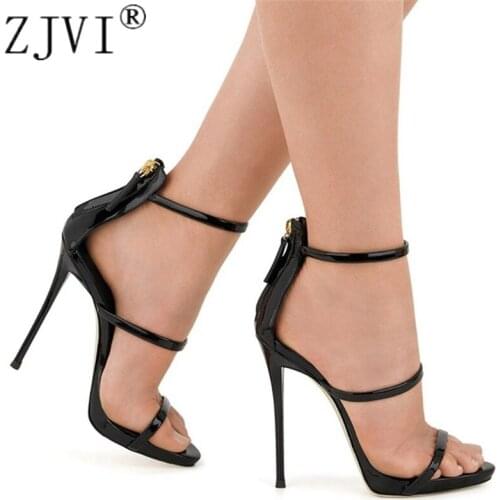 ZJVI Woman Fashion Sandals Ladies Thin High Heels Shoes For Women Summer Gladiator Patent Cow Leather Black Sandal Sandalias