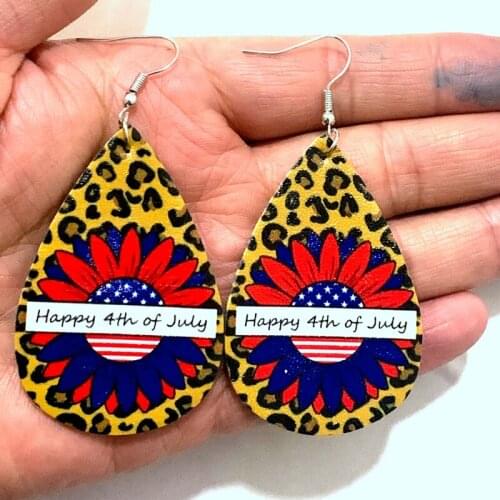 Faux Leather Earrings American Flag Earrings Independence Day 4th of July Earrings Patriotic Sunflowers Teardrop Earrings