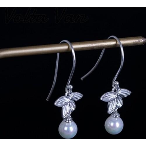 Volta Van Freshwater Pearls Drop Earrings 925 Sterling Silver Elegant Pendientes Plata Vintage Four Leaf Clover Concise Earrings