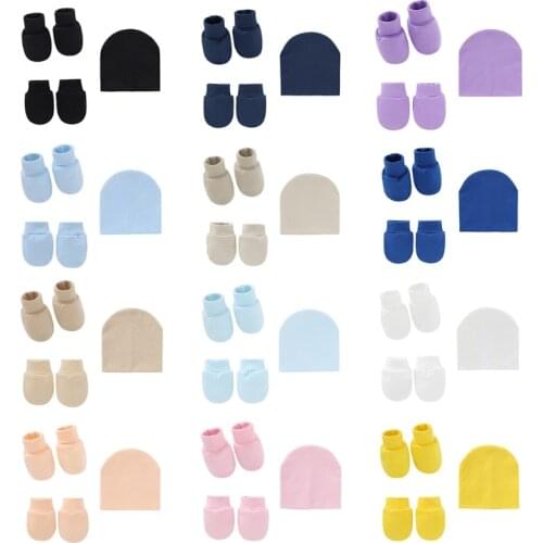 Baby Infants Anti Scratching Knitted Cotton Gloves+Hat+Foot Cover Set Newborn Face Protection Scratch Mittens Socks