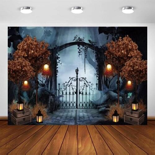 Yeele Halloween Backdrop Night Golden Tree Iron Gate Street Lamp Wooden Box Background Baby Photography Photo Studio Photophone