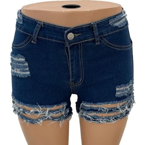 Women Sexy Shorts Tattered Design Solid Color Hole Design High Waist Burrs Slim Denim Shorts for Night Club