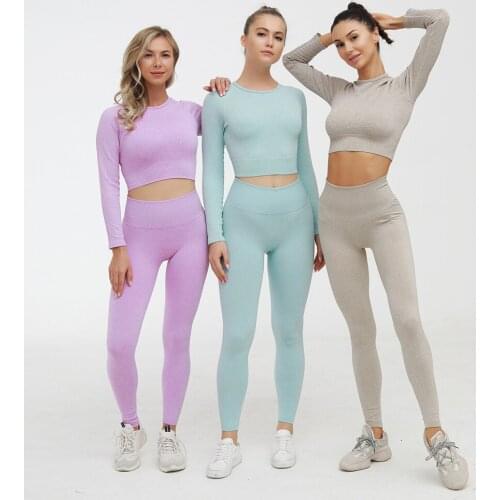 7 Colors Women Seamless Yoga Set 2PCS Long Sleeve Crop Top High Waist Sport Leggings Active Wear Gym Suit Workout Clothes