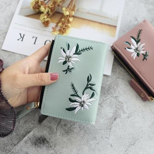 Women Short Wallet Embroidery Flower Wallet For Woman Zipper Mini Coin Purse Student Ladies Small Wallet PU Leather Card Holder