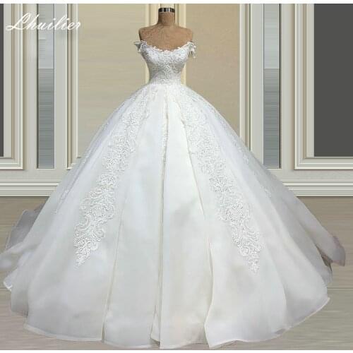 Lhuilier Womens Ball Gown Wedding Dresses 2021 Scoop Neck Beaded Floor Length Bridal Gowns Court Train with Lace Appliques