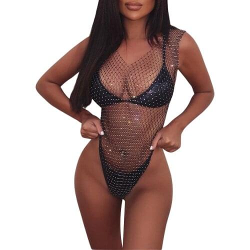 Summer New Women Casual Sexy Bodysuit Playsuit Black Mesh See-through Close-fitting Female Sleeveless V-neck