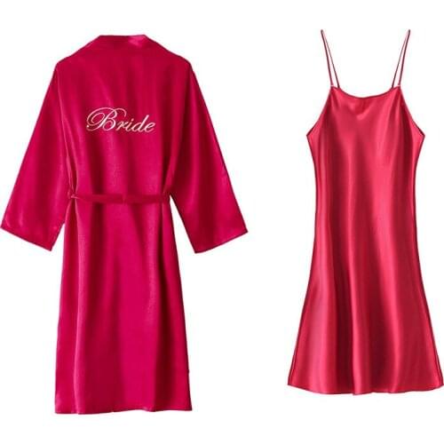 Womens Long Robe Spring and Summer Model Silk Embroidered Words Morning Gowns Bride Bride Bridesmaid Morning Gowns Marriage Wom