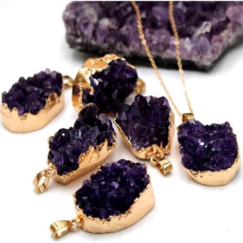 4Unik Outstanding Natural Stones Amethyst Pendant Necklace Women Gold Tone Chain Necklace Jewelry Gifts Wholesale 4UN-NL008