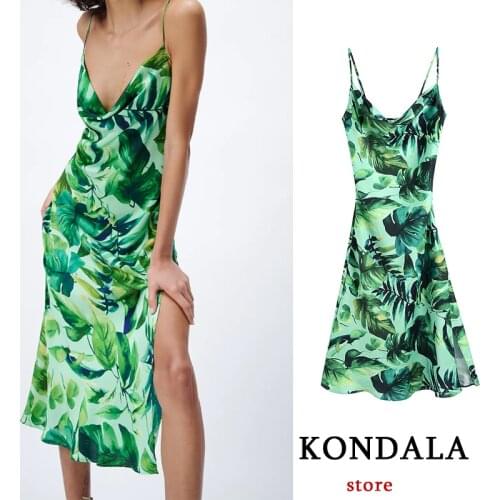 KONDALA Za Summer Stain Sexy Dress Women Backless Tropical Style Printed Female Chic Cami Dress Streetwear Mujer Vestidos