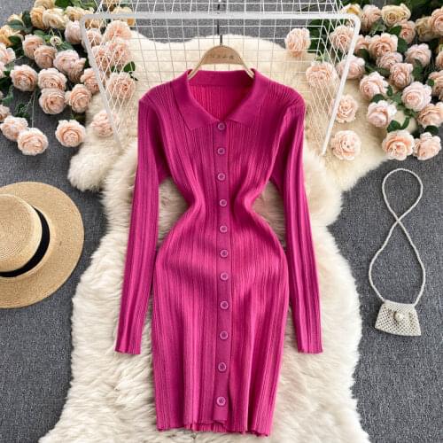 SINGREINY Women Korean Knitted Dress Turndown-Collar Long Sleeve Elastic Slim Pencil Dress Autumn Sexy Bodycon Streetwear Dress