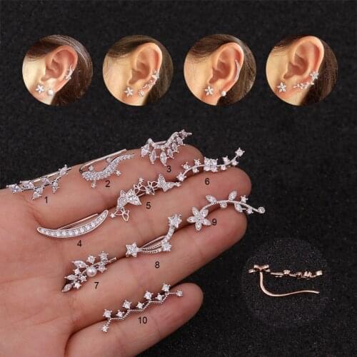 1PC CZ Cartilage Earring Ear Clip for Women Fashion Flower Leaf Gecko Mismatched Crystal Helix Earring Piercing Jewelry