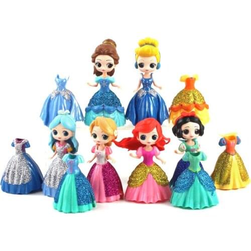 12pcs Princess Figures Dress Changeable Snow White Belle Cinderella Ariel Mermaid Tangled Sleeping Beauty Model Toys