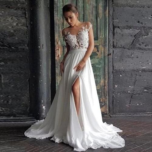 2020 Boho Wedding Dresses Lace Appliques Sheer O-Neck Side Split Chiffon Beach Bridal Gowns Bride Dress Vestido De Noiva Cheap