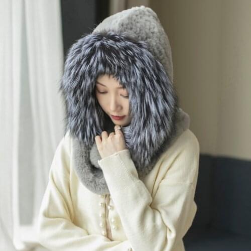 BESFILIN Natural Rex Rabbit fur Hat Scarf integration fox brim knitted autumn and winter for women to keep warm multipurpose