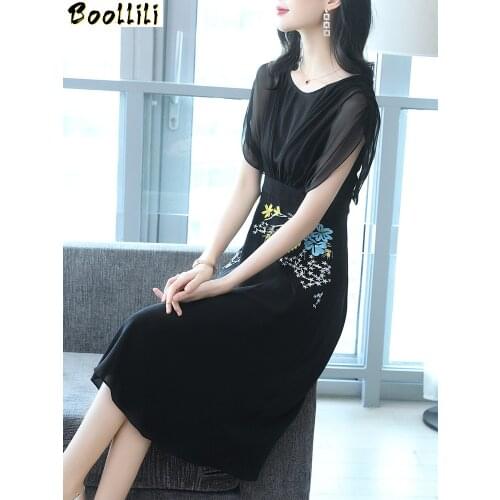 Boollili 100% Silk Summer Dress Women Vintage Elegant Sexy Midi Dress 2020 Ladies Dresses Party Black Women Dress Vestidos