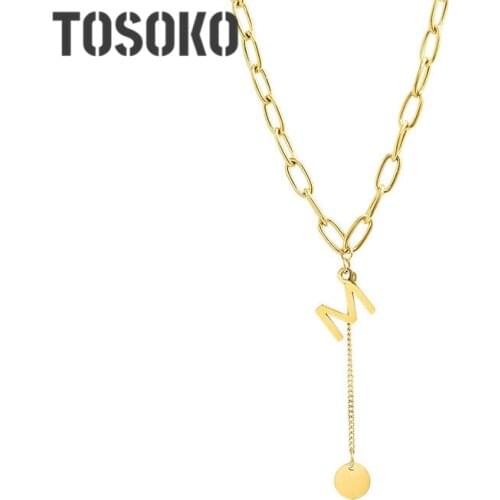TOSOKO Stainless Steel Jewelry M Letter English Tassel Round Chain Necklace Fashion Female Clavicle Chain BSP746