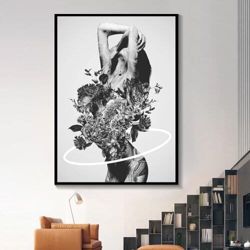 Black White Poster Fashion Sexy Women Flowers Print Wall Art Canvas Modern Paintings on the Wall Pictures for Living Room Decor