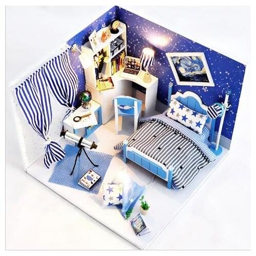 Wooden Dollhouse Furniture Light Kit Miniature Star Sky Dream Room DIY Dolls House Craft Birthday Gift Puzzle Toy Xmas Gift