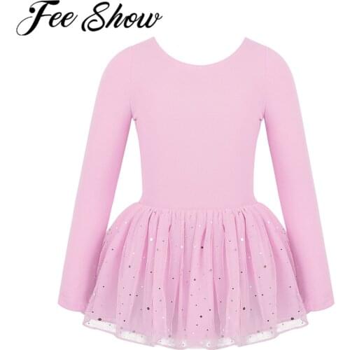 Kids Girls Long Sleeves Shiny Mesh Ballet Dance Gymnastics Leotard Dress Ballerina Gym Costume Lyrical Praise Skirt For Dancing