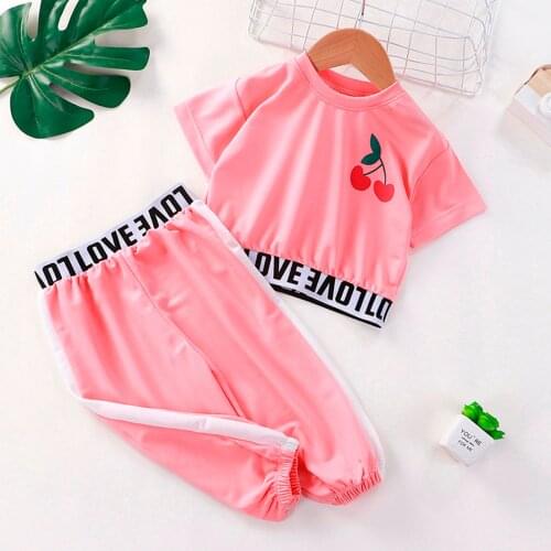 Kids Baby Girl Summer Sports Outfits Cherry Letter Print Cropped T-shirt Top Pants Sets Toddler Children Clothing Outfit Set