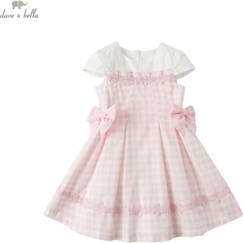 DKS17580 dave bella summer girls 5Y-13Y fashion cartoon plaid draped dress children sweet dress kids infant lolita clothes