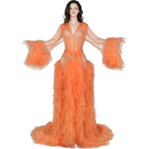 Elegant Orange Evening Dresses Robes for Photo Shoot Baby Shower Long Sleeves Ruffle Women Dress Photography Robe Real Images