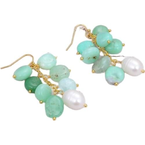 GG Jewelry Natural Green Chrysoprases Cultured White Rice Pearl Hook Dangle Earrings For Women