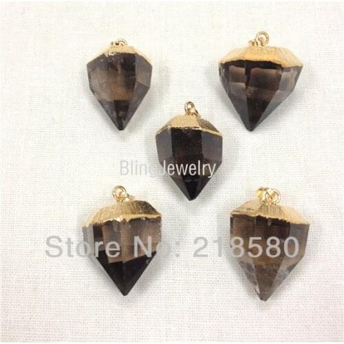 H-SQ01 Faceted Crystal Smoky Brown Quartz Heart Pendant with Gold Trim