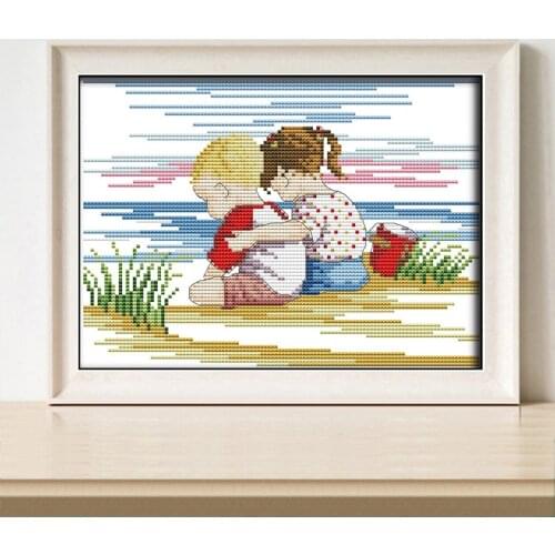 Joy Sunday One Boy One Girl Pattern Cross Stitch Kit 14CT 11CT White Fabric Printing DMC Sewing Set Home Rest Decoration Picture