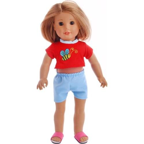 Red Bee Print Short Sleeve + Blue Shorts set fit 18 Inches American Doll Clothes Accessories