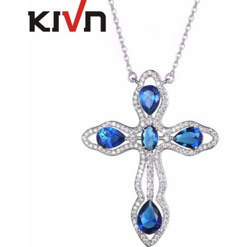KIVN Fashion Jewelry Blue Cubic Zirconia Womens Girls Wedding Bridal Cross Pendants Necklaces Birthday Gifts 6pcs Lots Wholesale
