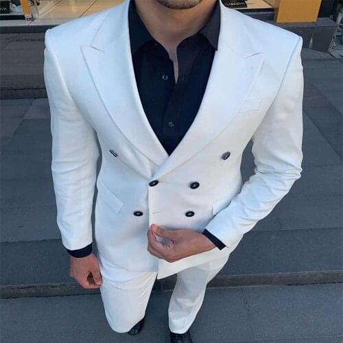 Mens Suits 2 Pieces Double Breasted Casual Notch Lapel Tuxedos Groomsmen Wedding Jacket Pants (Blazer+Pants)
