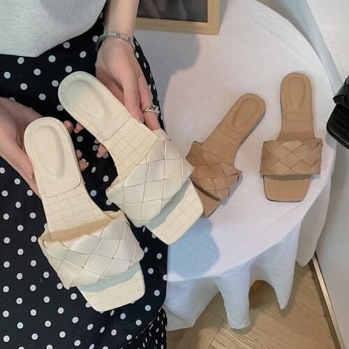 Womens Flat Slippers Plaited Fashion Square Toe Woman Shoes Lattice Ladies Slides Casual Comfort Open Toe Female Mules Summer