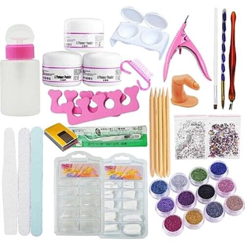 DIY Nail Art Kit Acrylic Powder Brush Glitter Sticker Nail Buffing File