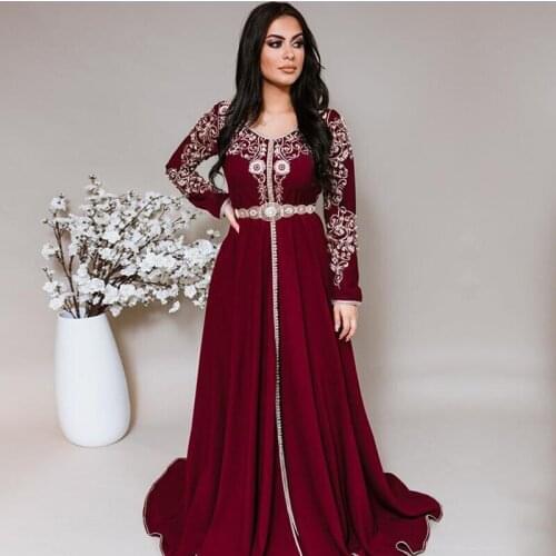 Eightale Arabic Evening Dresses V-Neck Burgundy Appliques Long Sleeve Kaftan Dubai Chiffon Caftan Prom Gown A-Line Party Dress