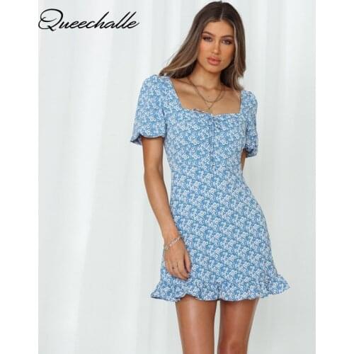 Floral Print Beach Boho Dress Womens 2021 Summer Dress Ruffle Sexy Backless Square Collar Short Sleeve Mini Dresses for Woman