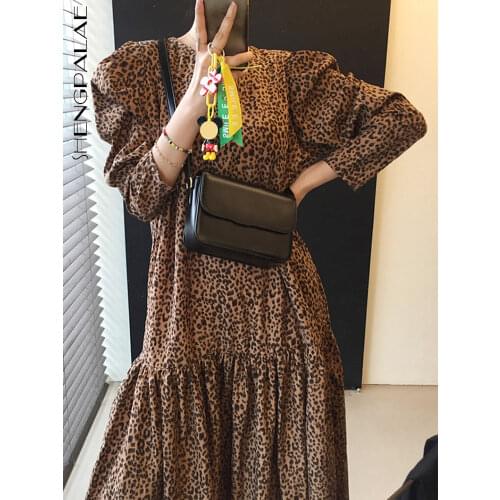 SHENGPALAE Fashion Leopard Printed Dress Womens Autumn 2021 New Round Neck Waist Long Sleeve Mid-calf Big Swing Dresses Female